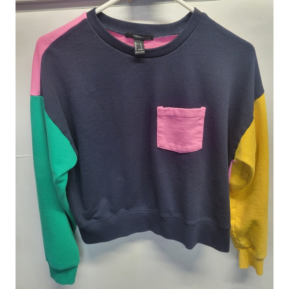 Forever 21 Womens Colorblock Sweatshirt Pink Green Yellow Small Pocket sz‎ S